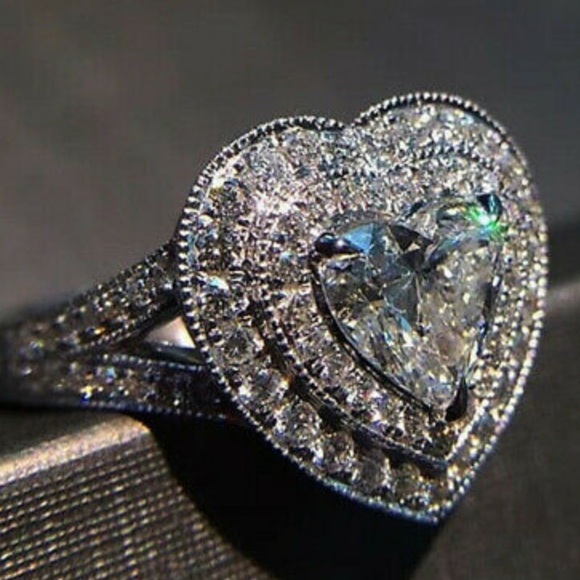 925 Silver Ring Heart Shaped Sapphire WeddingRing - Picture 2 of 15